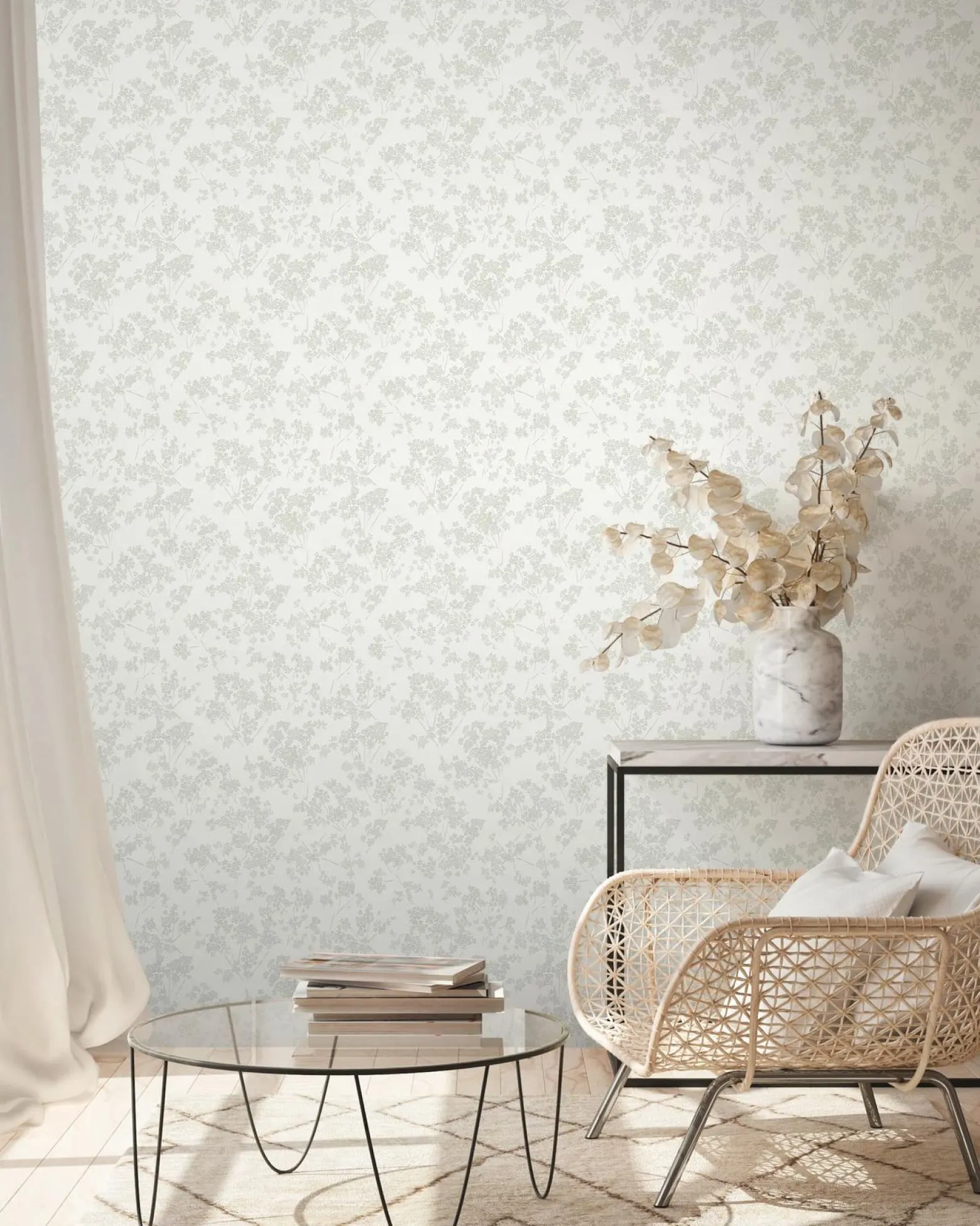 Vliestapete Floral Zweige Weiß Grün Metallic 39548-2