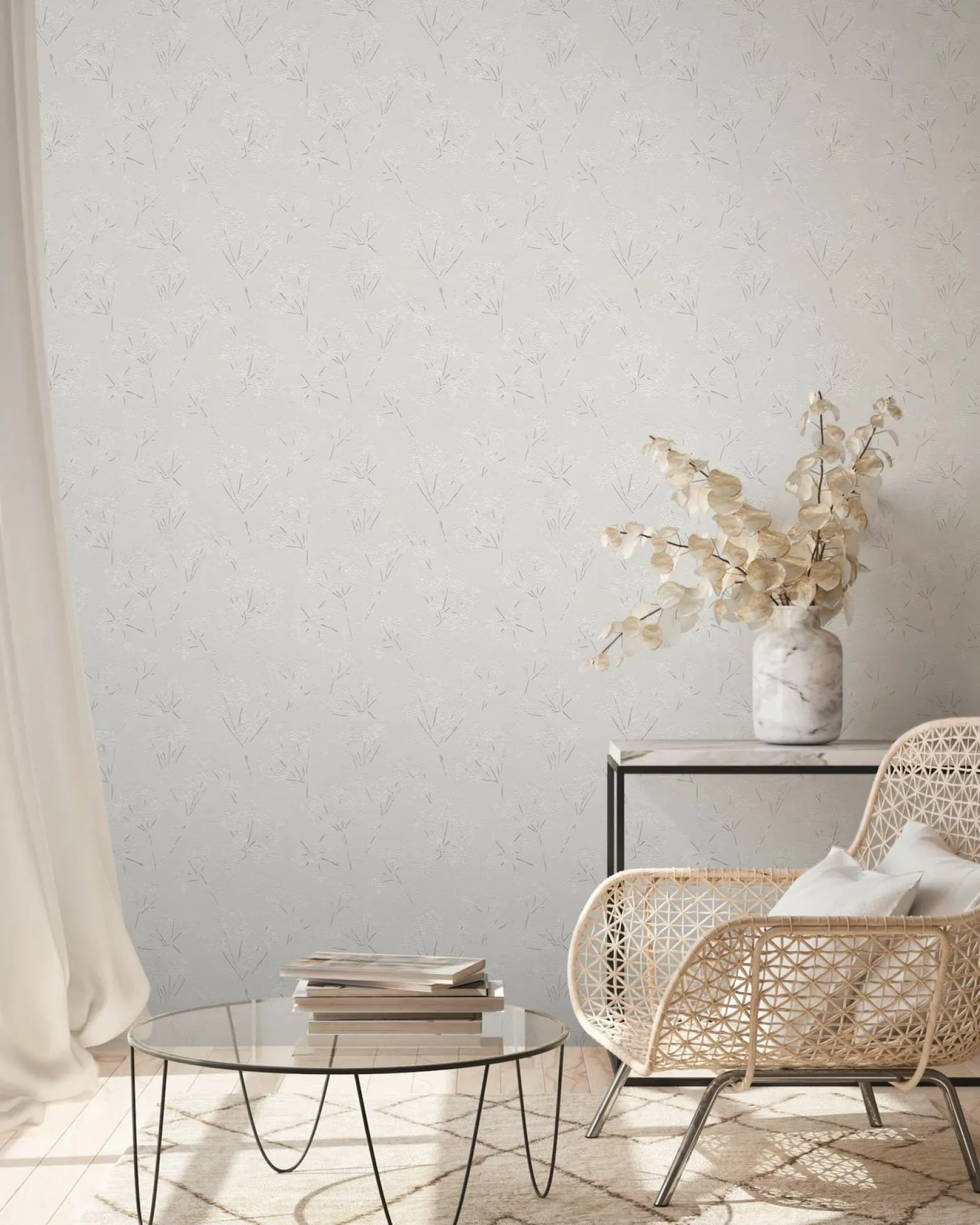 Vliestapete Floral Zweige Weiß Silber Metallic 39548-4