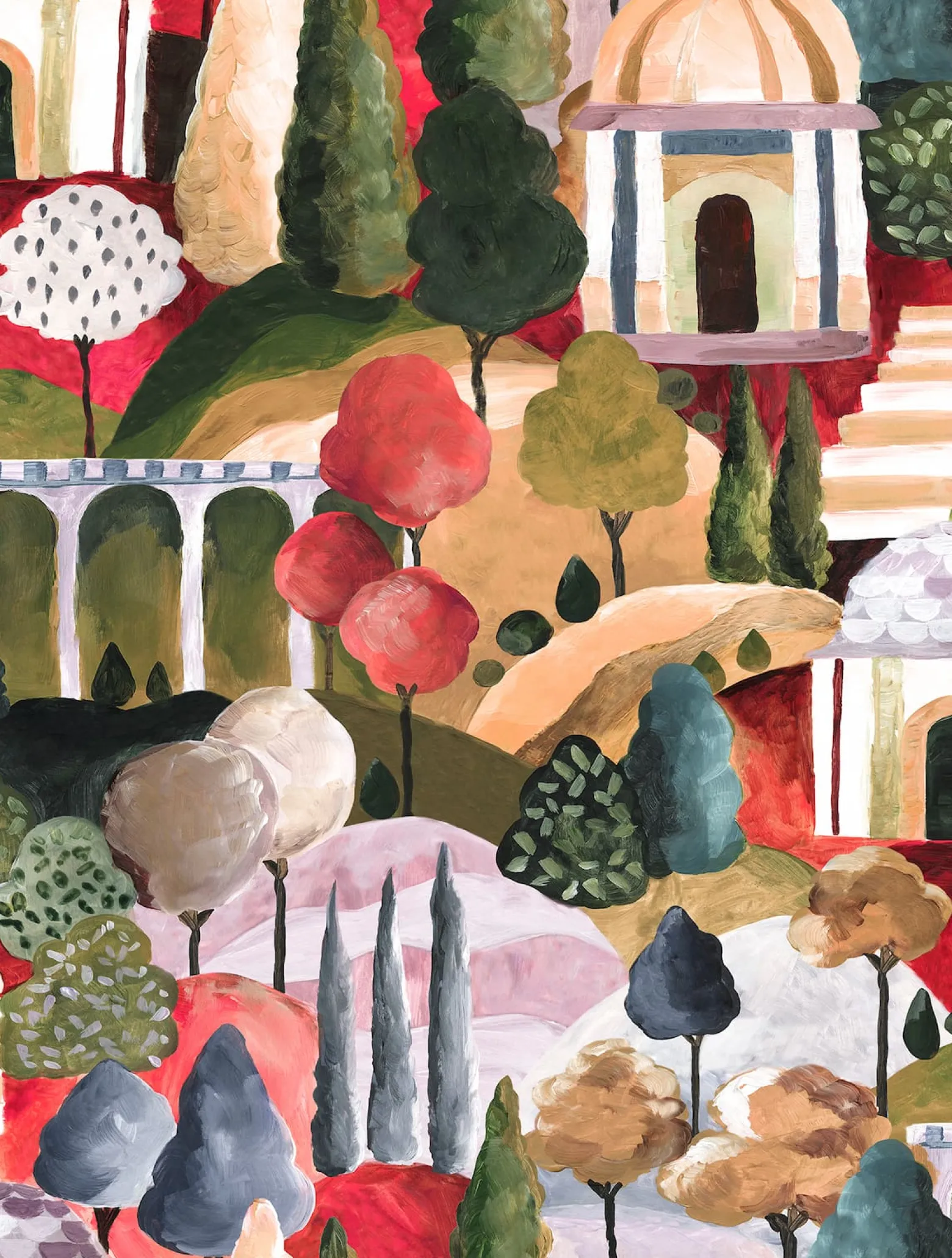 Vliestapete Garten Kunst Gemälde Grün Rot Beige 81662