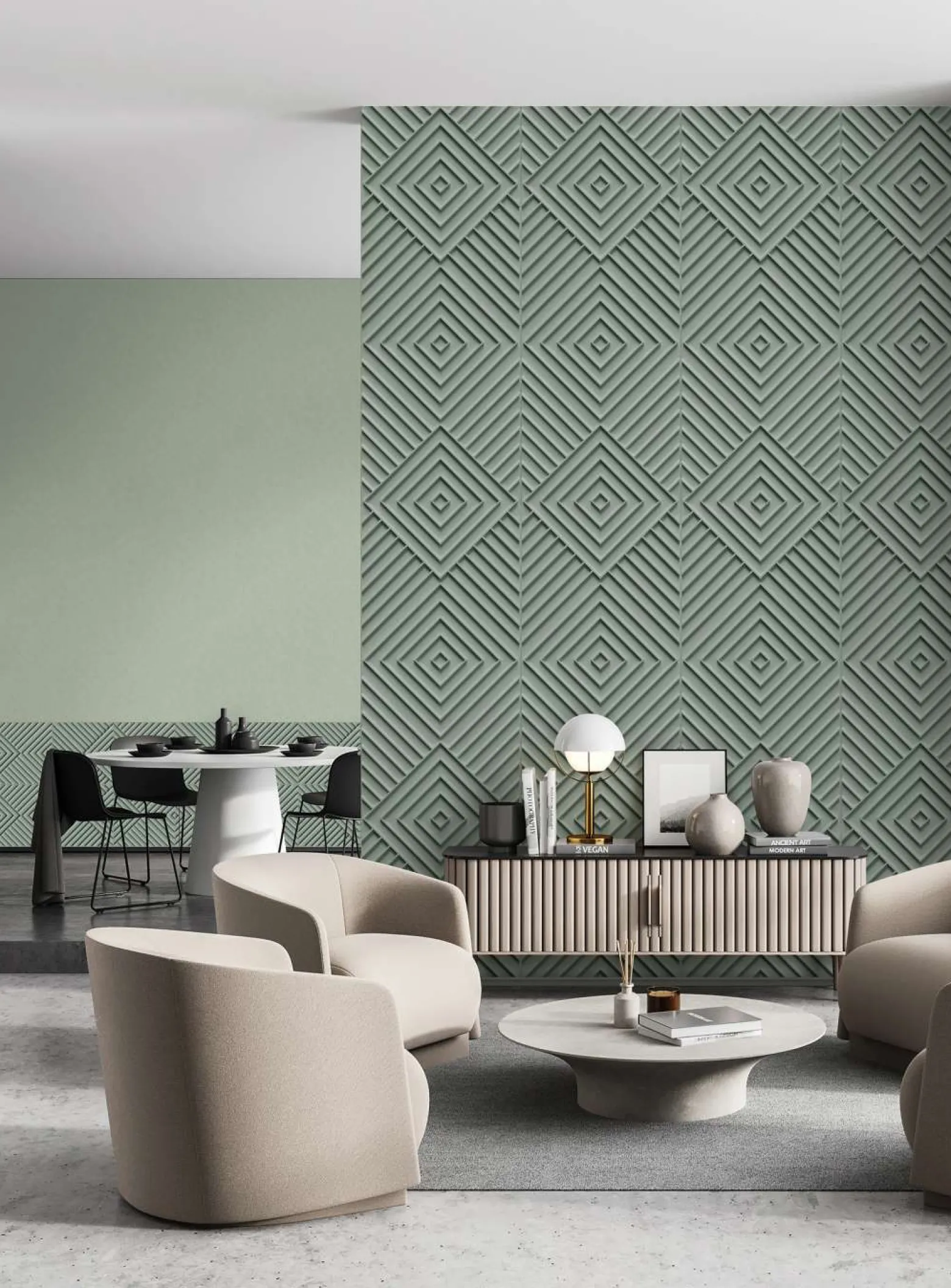 Vliestapete Geometrisch 3D Optik Raute Grau Grün 34485