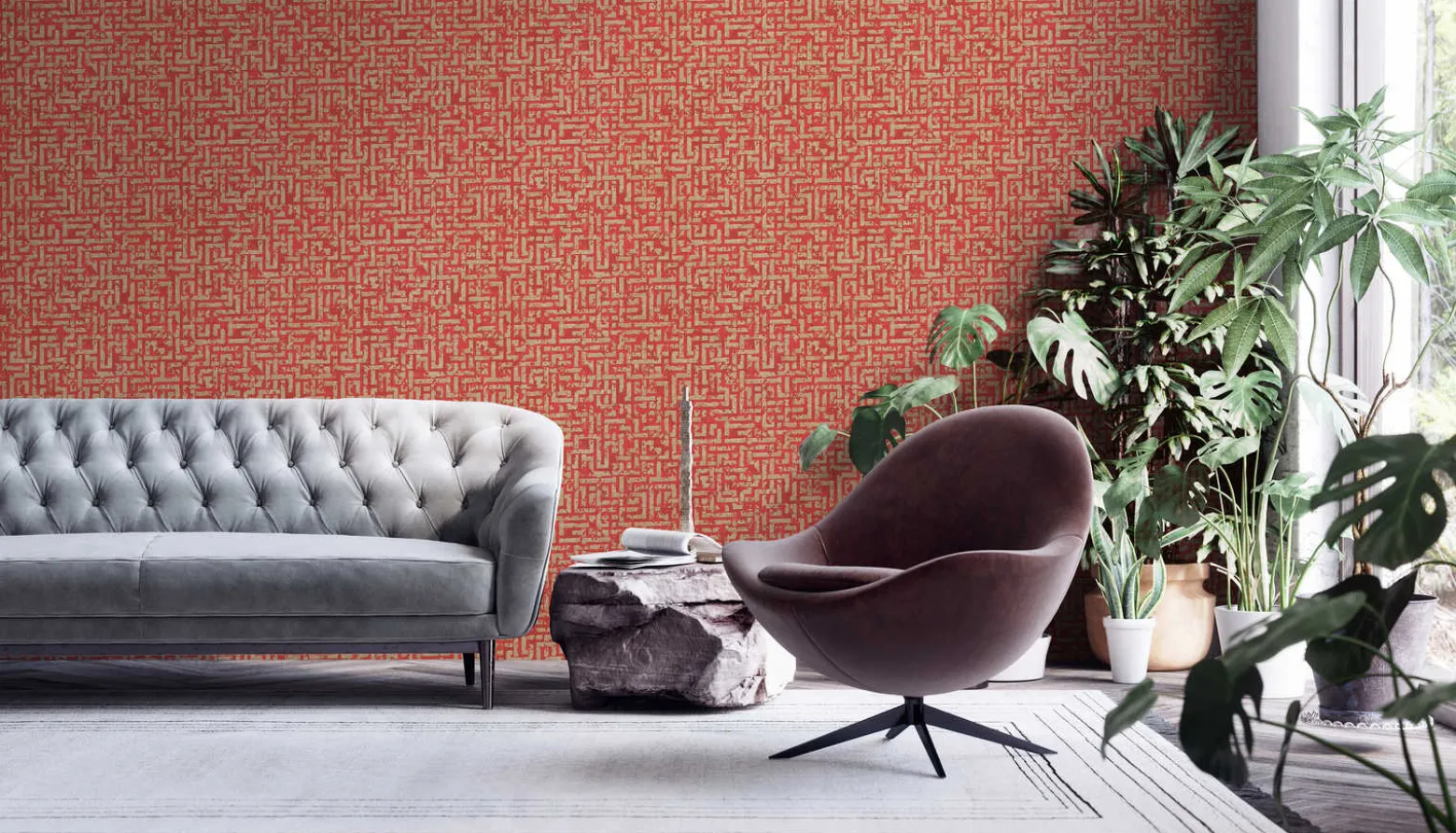Vliestapete Geometrisch Labyrinth rot gold 38695-4