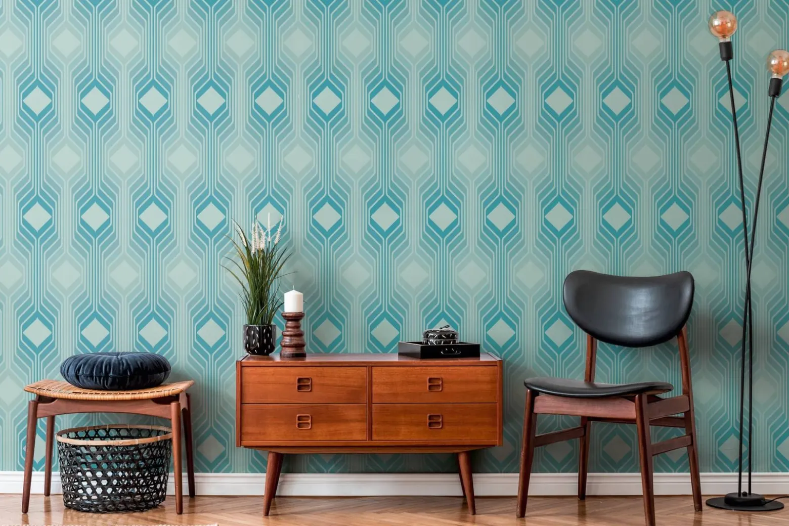 Vliestapete Grafik Art Deco Türkis Weiß 39532-1