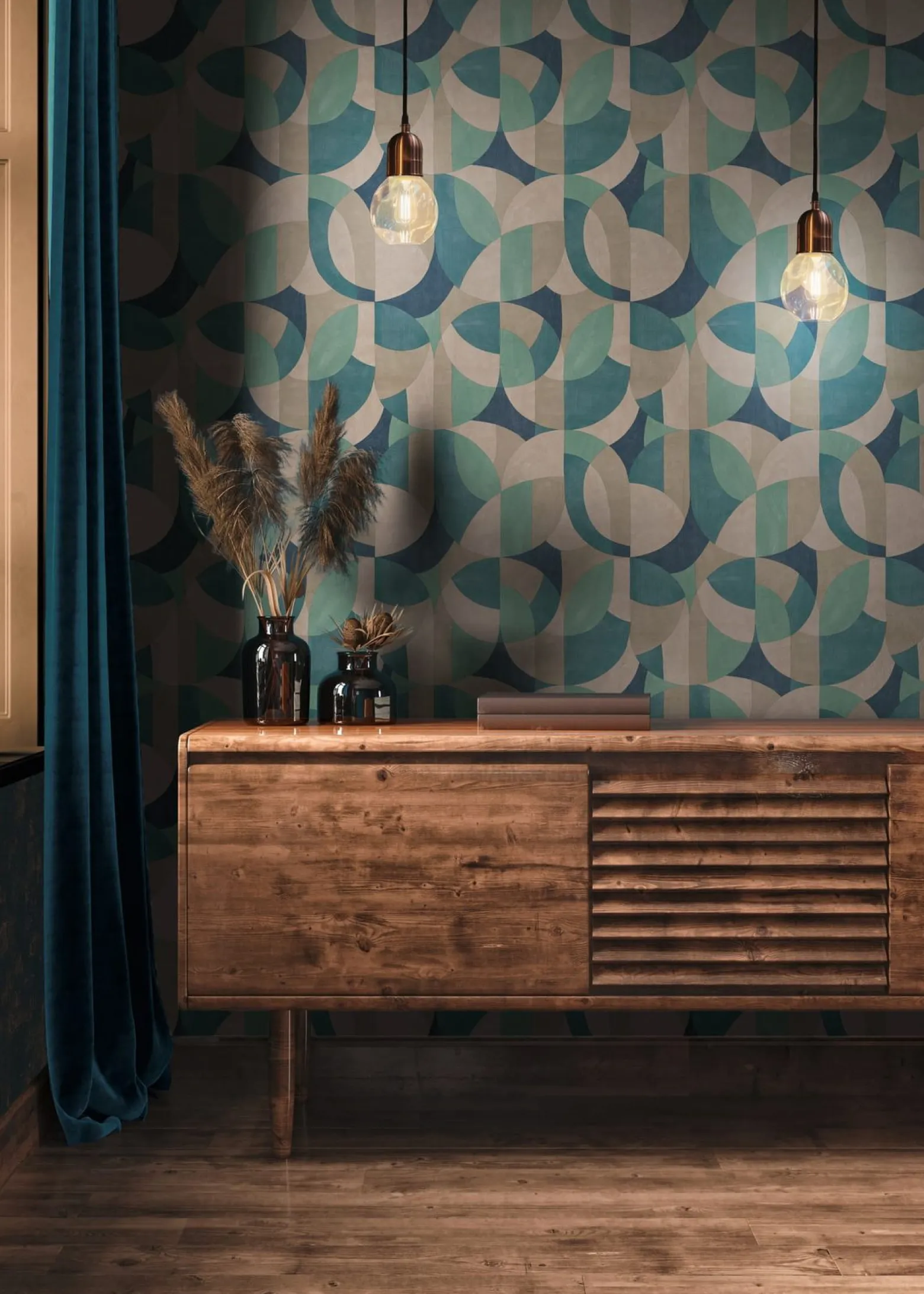 Vliestapete Grafik Motiv Beige Blau Grün 39932-2