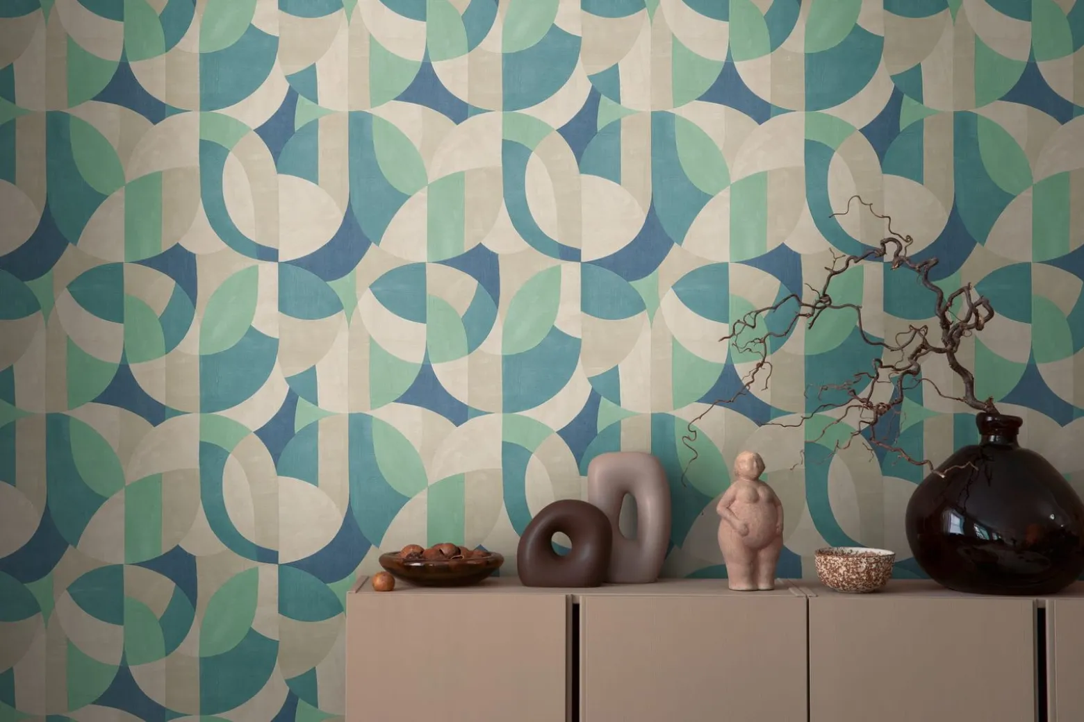 Vliestapete Grafik Motiv Beige Blau Grün 39932-2