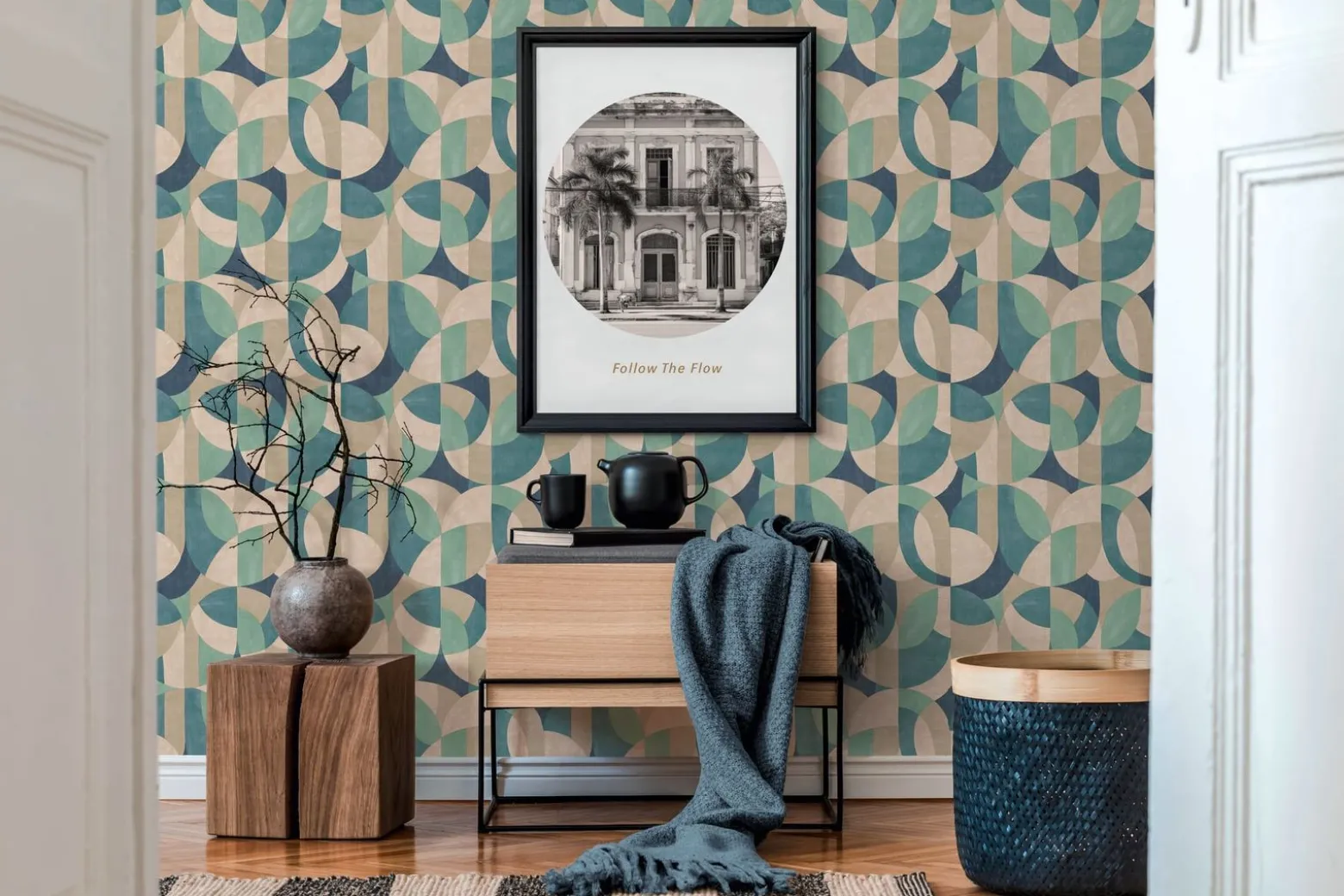 Vliestapete Grafik Motiv Beige Blau Grün 39932-2