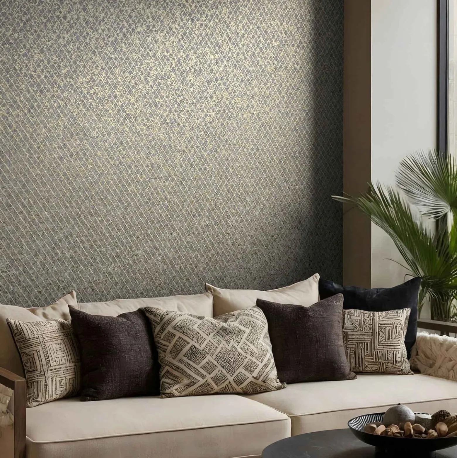 Vliestapete Grafik Rauten Anthrazit Gold Metallic 35540