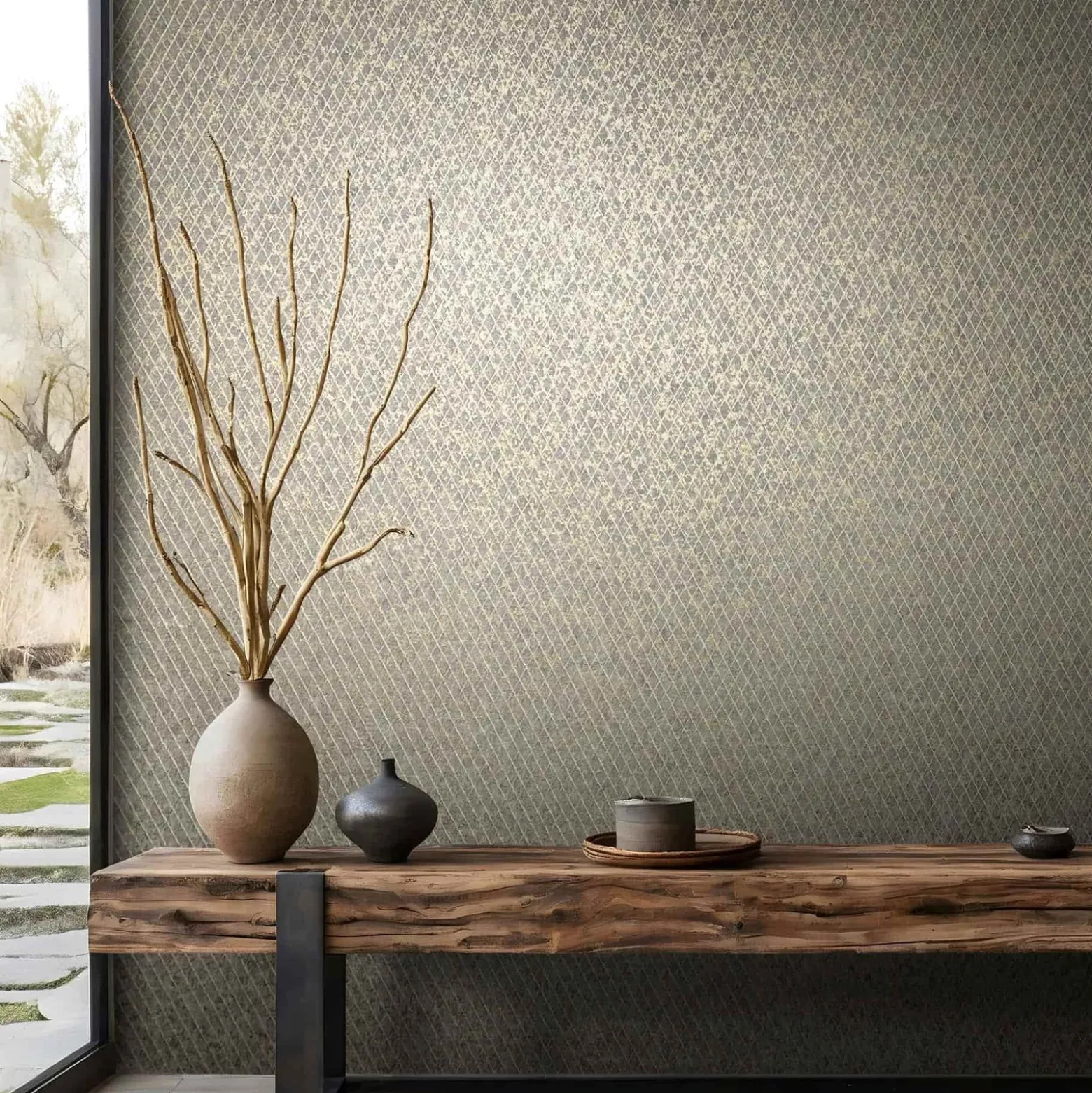 Vliestapete Grafik Rauten Anthrazit Gold Metallic 35540