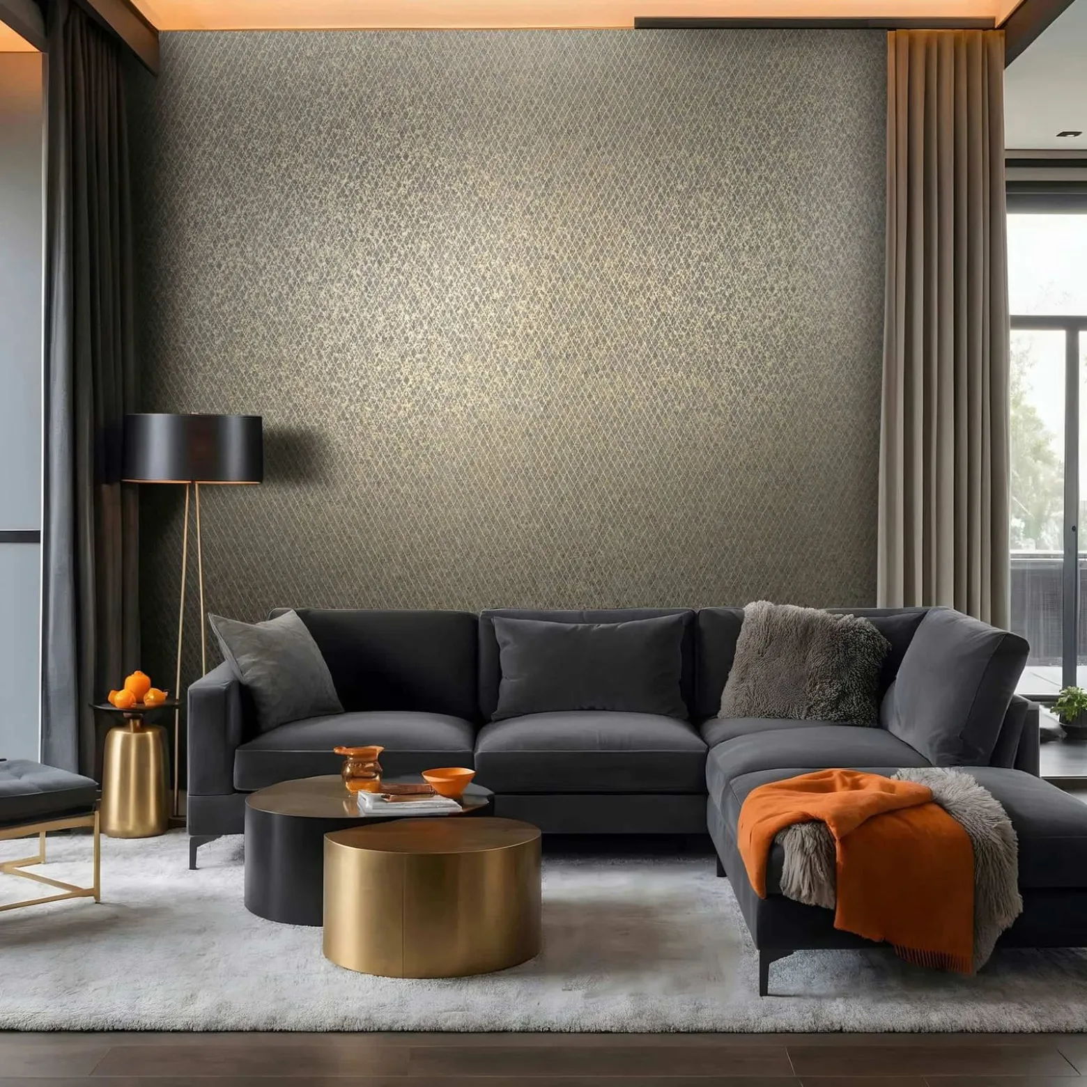 Vliestapete Grafik Rauten Anthrazit Gold Metallic 35540