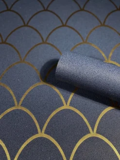 Vliestapete Grafisch Bögen Glitzer blau gold 32723