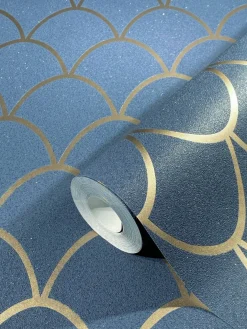 Vliestapete Grafisch Bögen Glitzer blau gold 32723