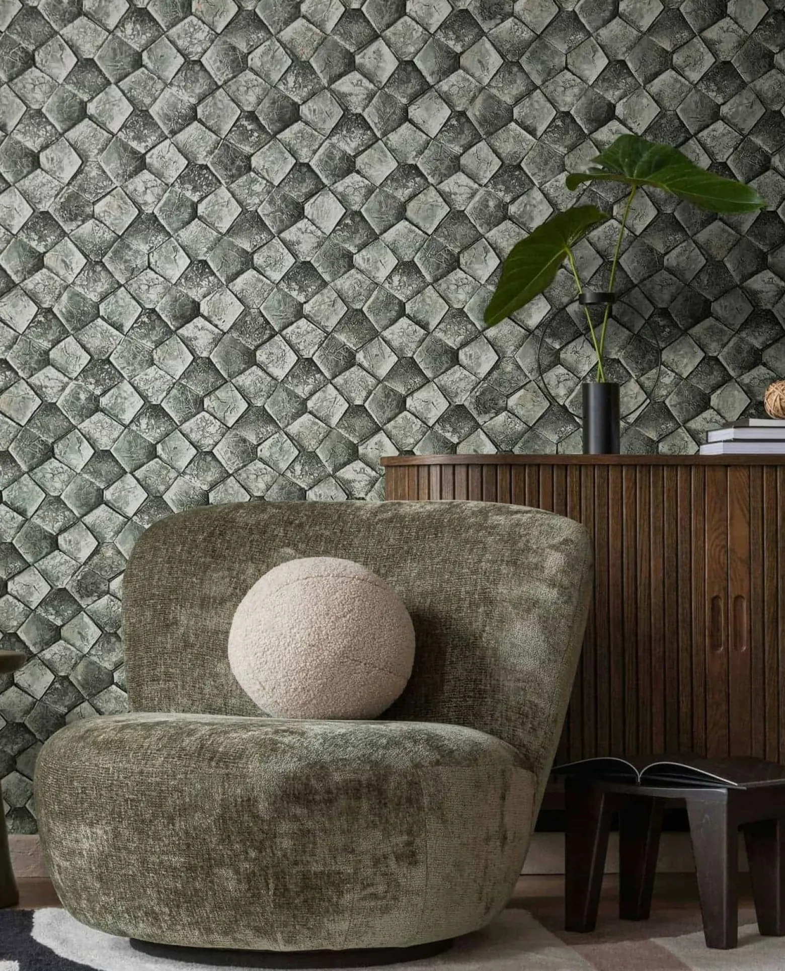 Vliestapete Grafisch Mosaik Grün Grau Glanz 86546