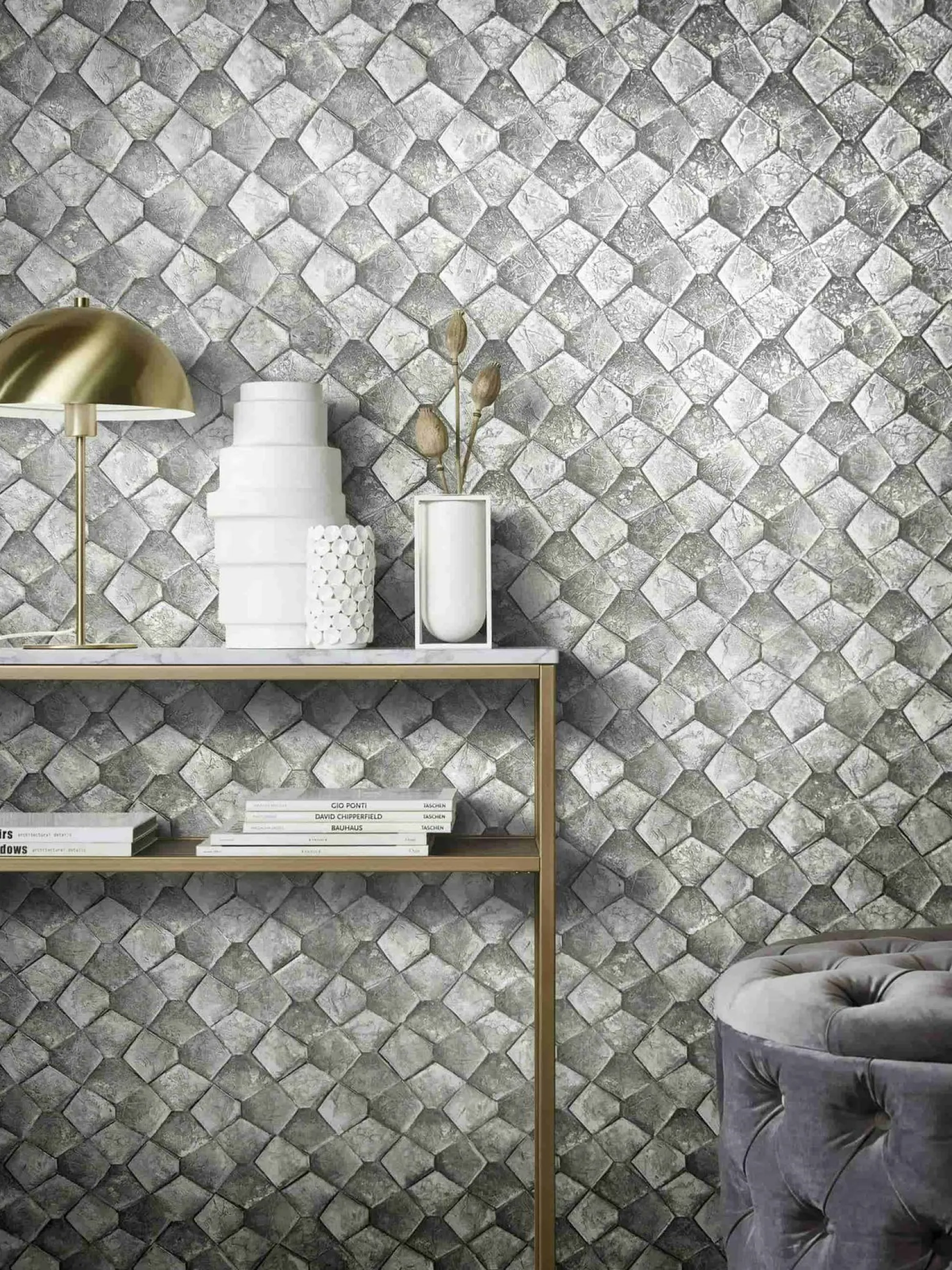 Vliestapete Grafisch Mosaik Grau Silber Gold Metallic 86529