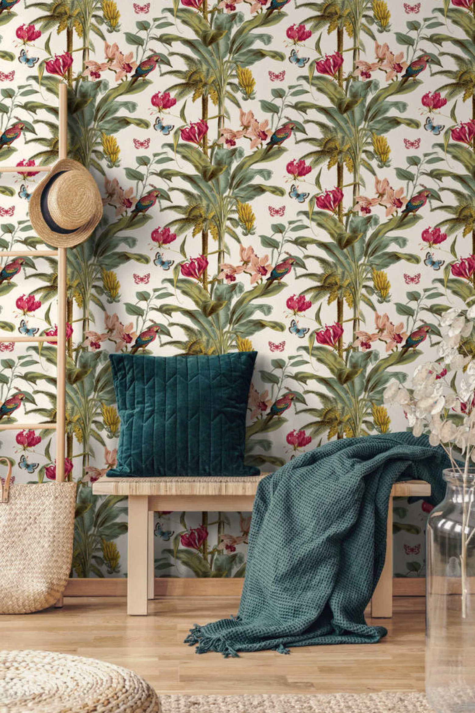 Vliestapete Grandeco Blätter Blumen creme grün JF2001