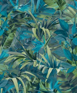 Vliestapete Grandeco Blätter Blumen grün blau JF2302