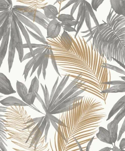 Vliestapete Grandeco Farne Blätter weiß grau gold JF3601