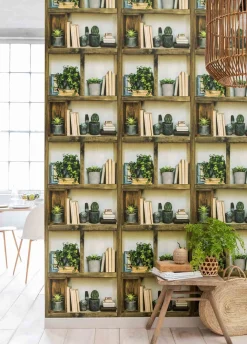 Vliestapete Holz Bücherregal Kaktus beige grün 36469-1