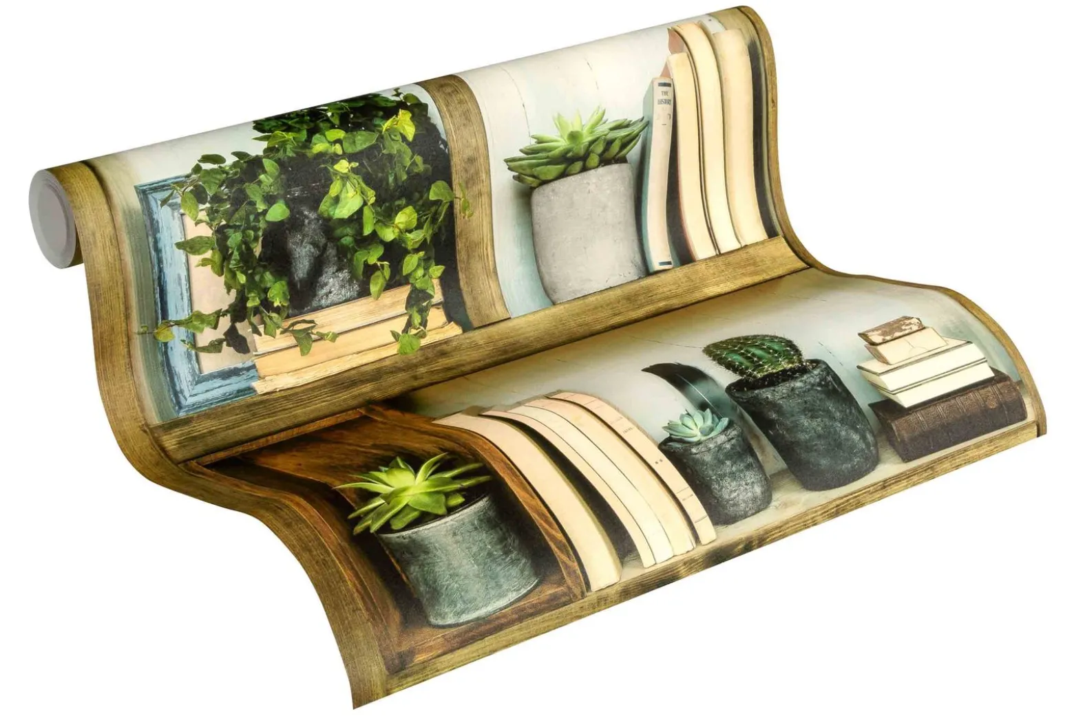 Vliestapete Holz Bücherregal Kaktus beige grün 36469-1
