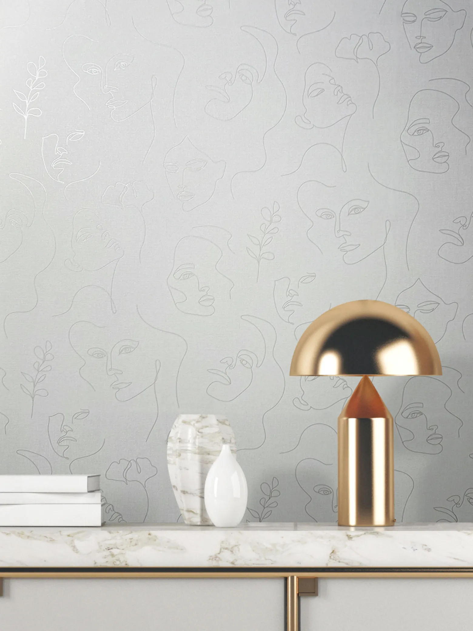 Vliestapete Illustration Weiß Creme Metallic 82435