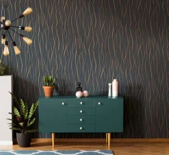Vliestapete Ivy Wellen Schwarz Gold 82322 Novamur