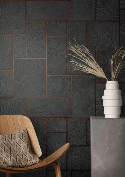 Vliestapete Kacheln Holz Schwarz-Blau Kupfer 85744