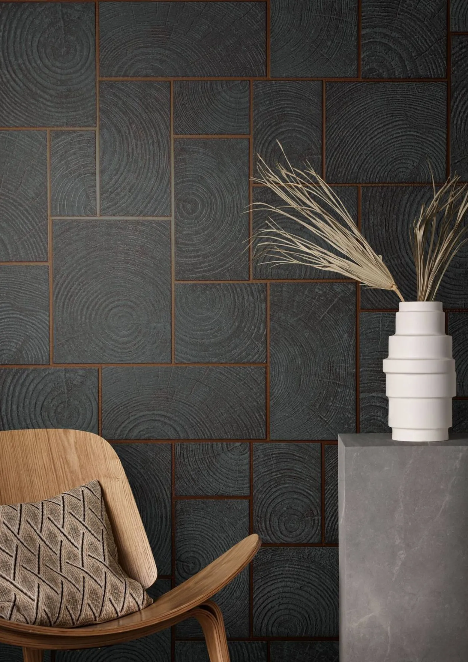 Vliestapete Kacheln Holz Schwarz-Blau Kupfer 85744