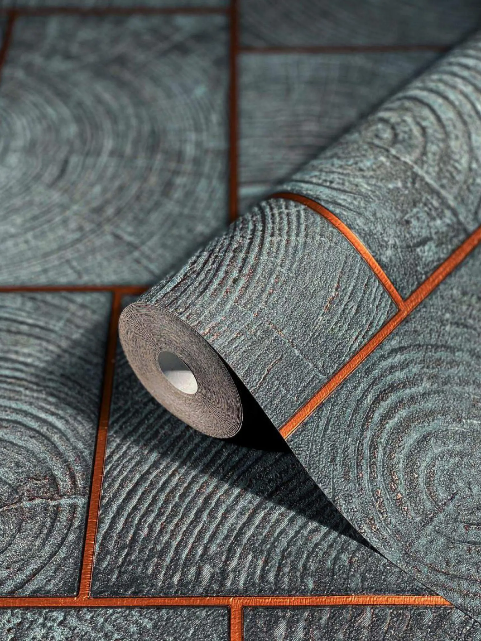 Vliestapete Kacheln Holz Schwarz-Blau Kupfer 85744
