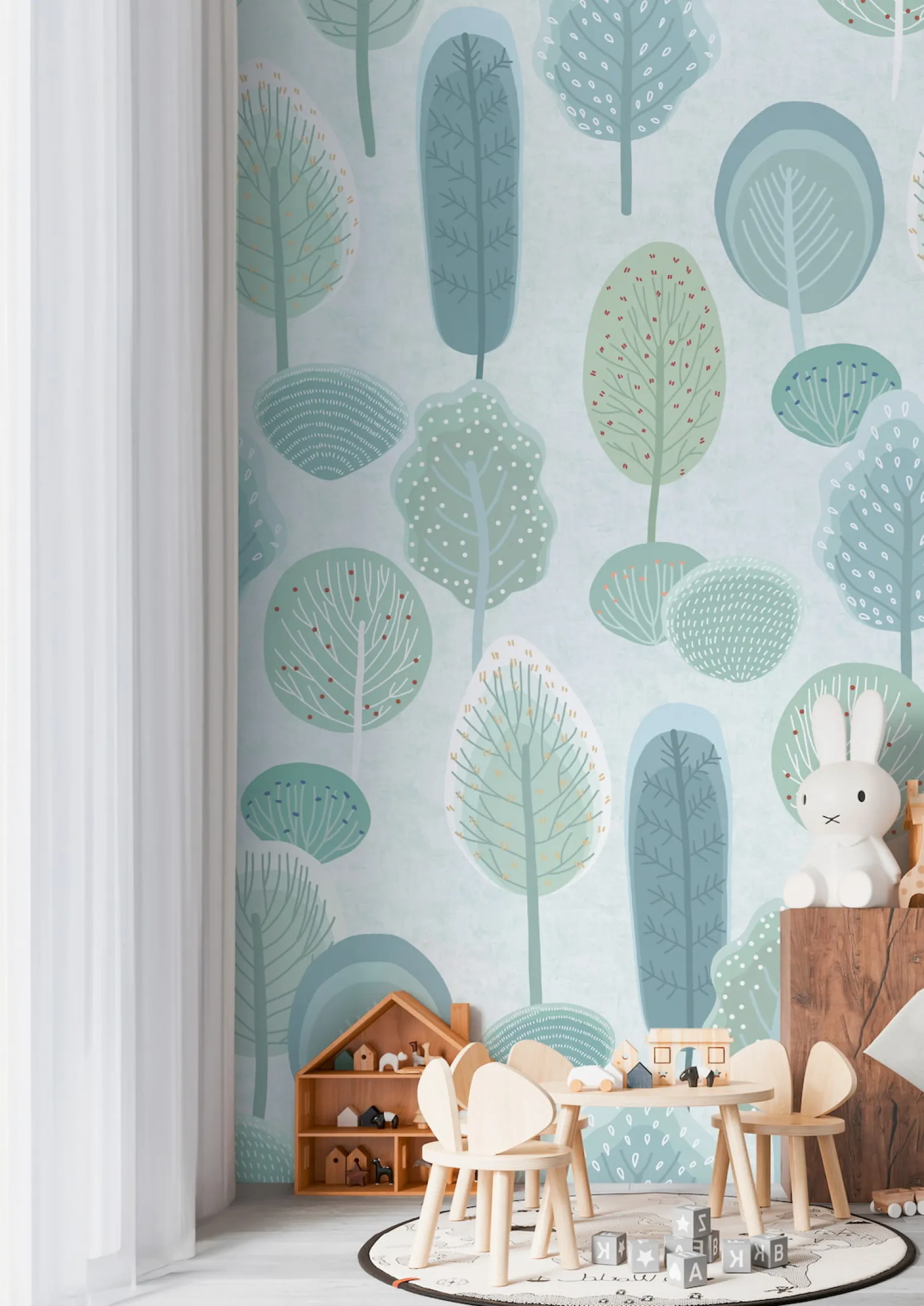 Vliestapete Kinder Abstrakt Bäume Blau Grün 77071-1