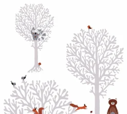 Vliestapete Kinder Baum Vogel Bär weiß grau 38134-1