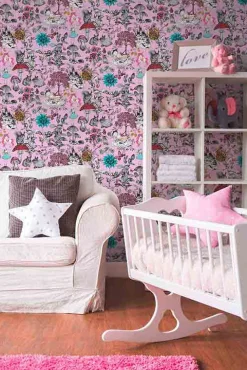 Vliestapete Kinder Blumen Tiere rosa bunt 38120-3