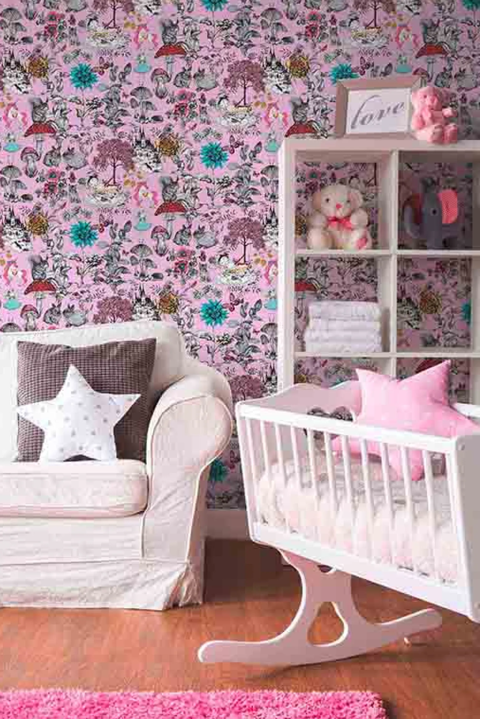 Vliestapete Kinder Blumen Tiere rosa bunt 38120-3