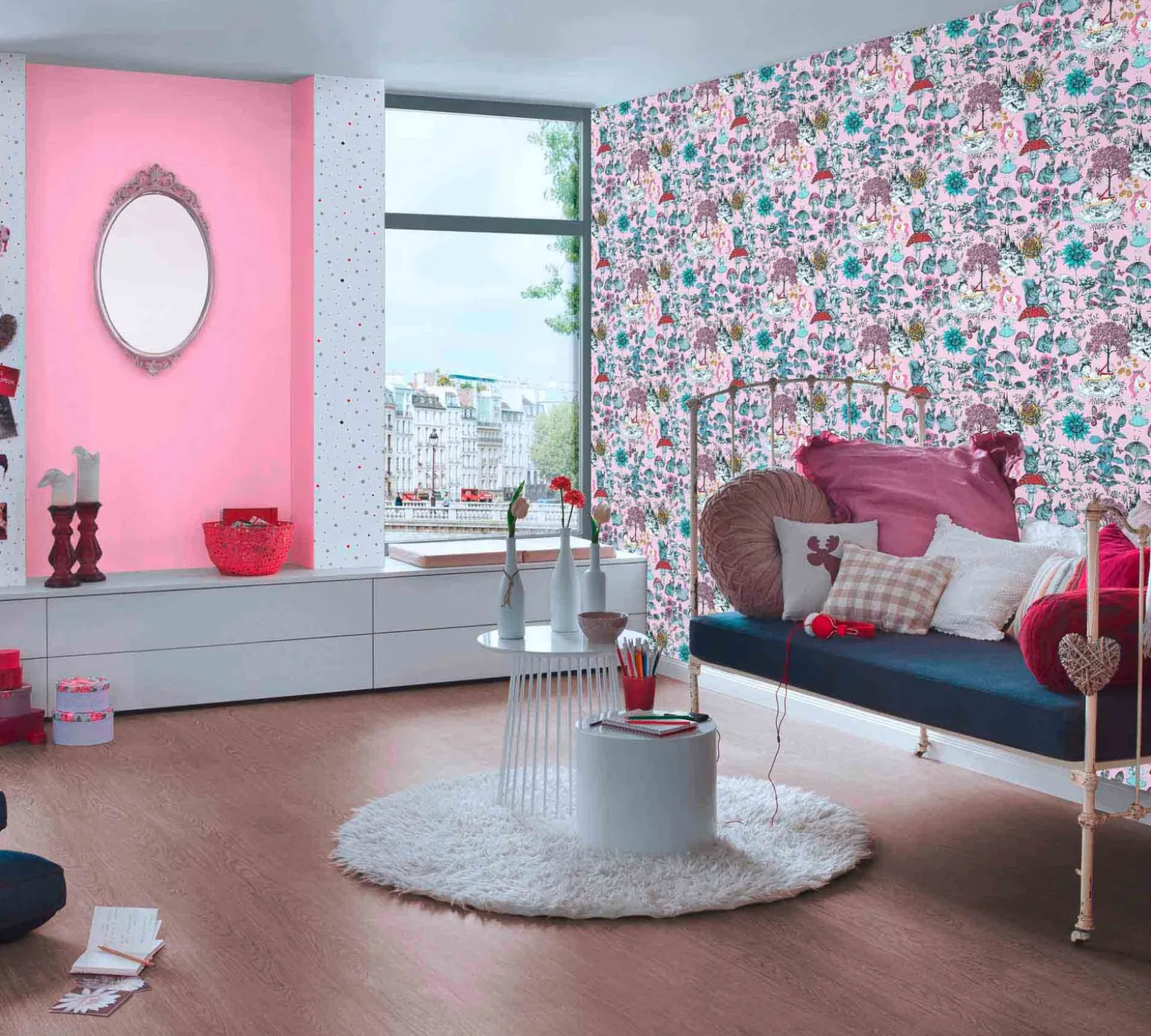 Vliestapete Kinder Blumen Tiere rosa bunt 38120-3