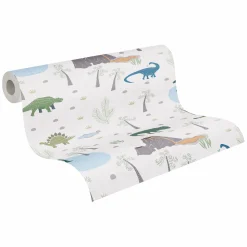 Vliestapete Kinder Dinosaurier Wald Creme Grün 77140-1