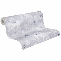 Vliestapete Kinder Einhörner Floral Wald Grau Weiß 77138-1