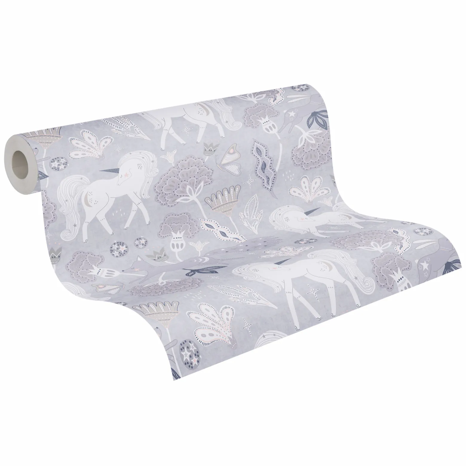 Vliestapete Kinder Einhörner Floral Wald Grau Weiß 77138-1