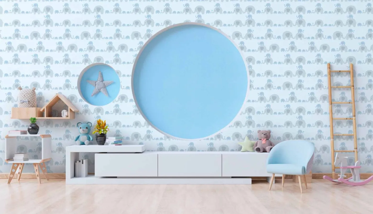 Vliestapete Kinder Elefanten blau grau weiß 38113-1
