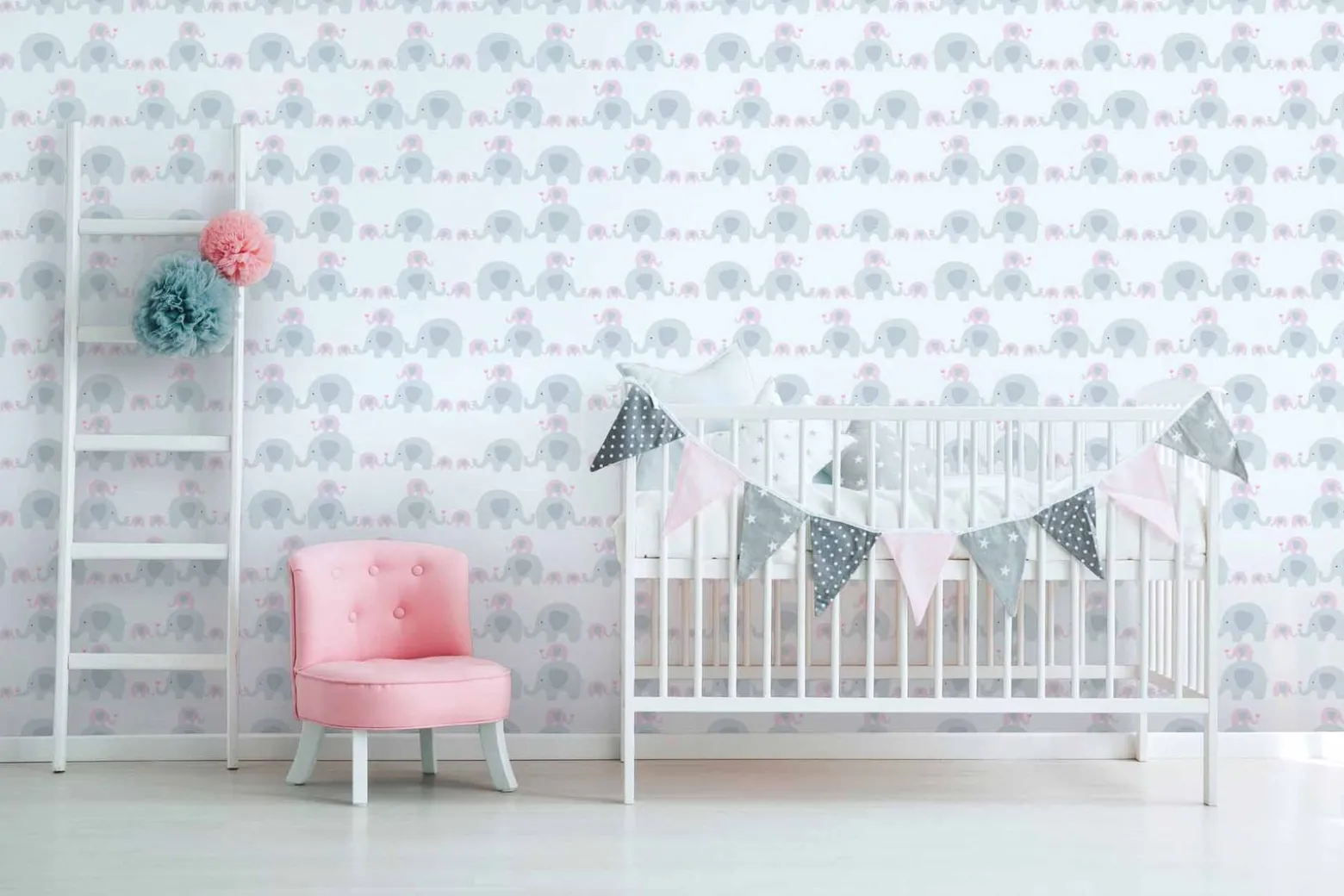 Vliestapete Kinder Elefanten rosa grau weiß 38113-2