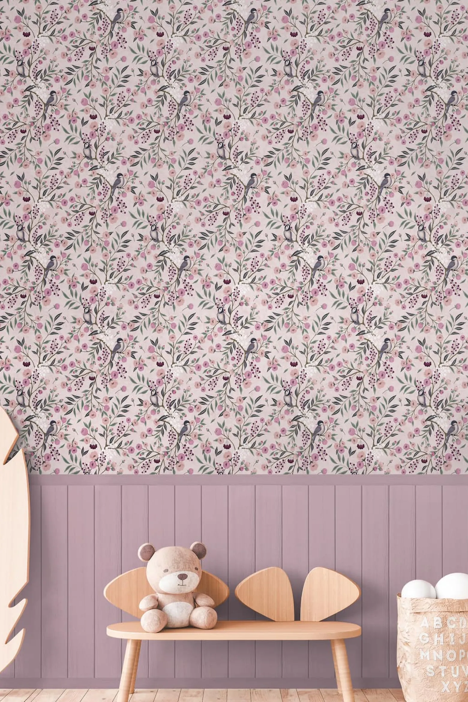 Vliestapete Kinder Floral Vögel Paneele Rosa Grau 77074-1