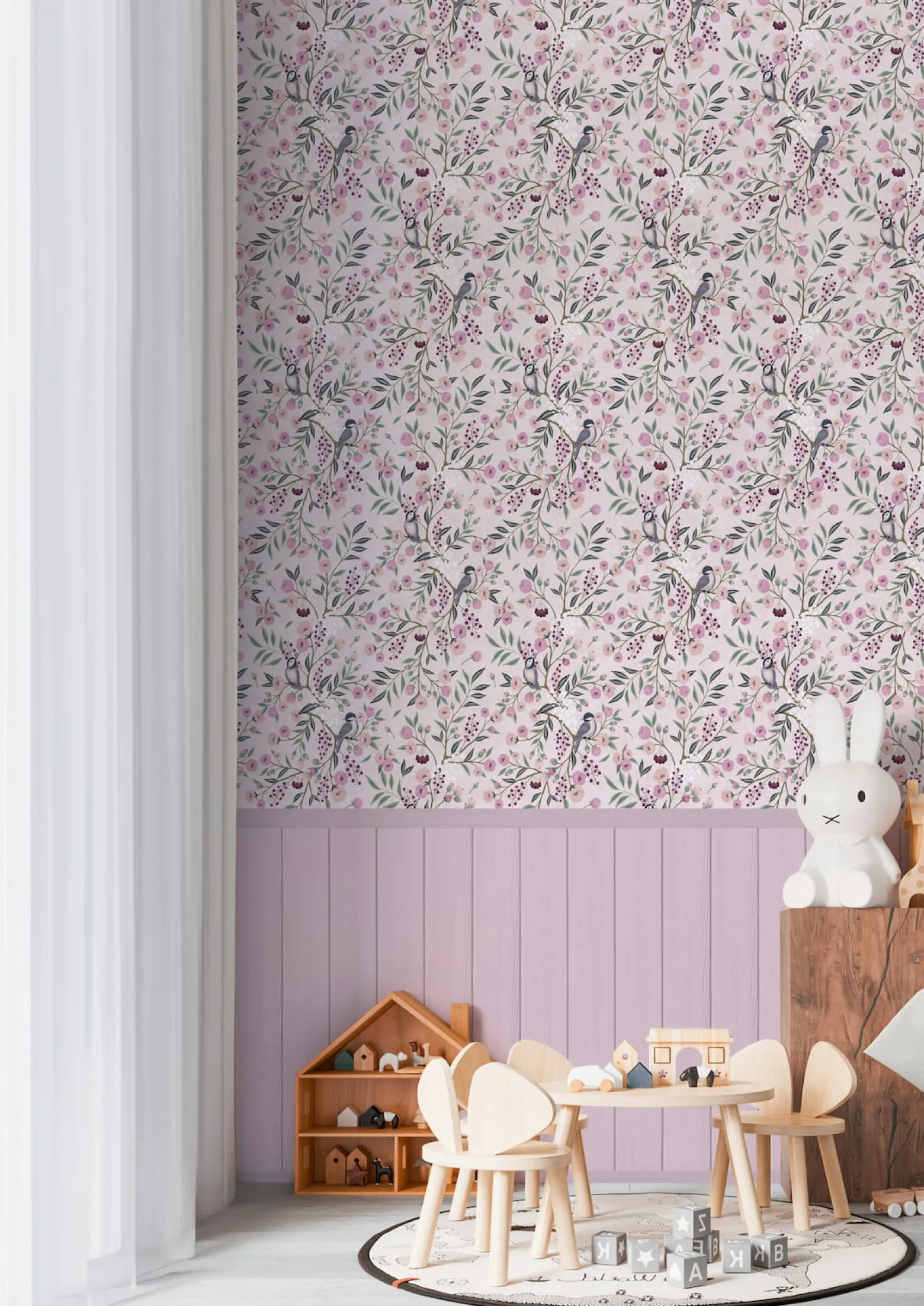 Vliestapete Kinder Floral Vögel Paneele Rosa Grau 77074-1