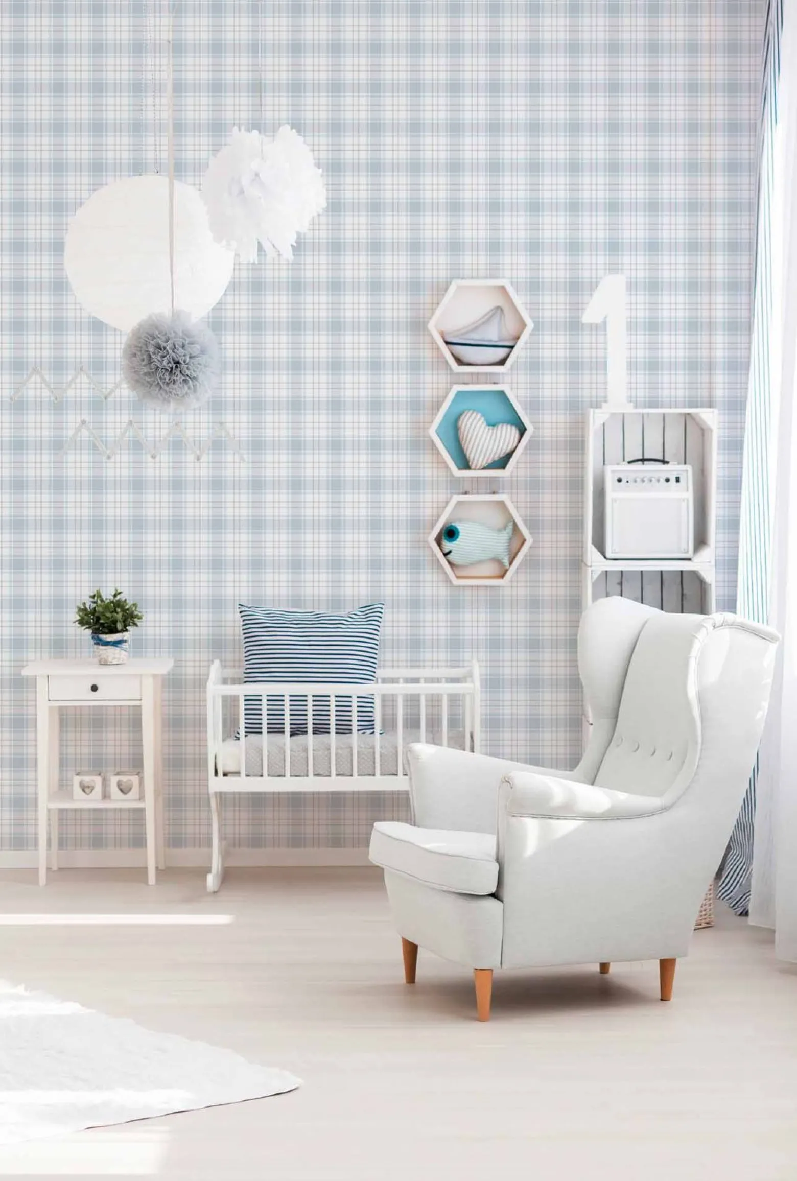 Vliestapete Kinder Kariert blau grau weiß 38122-3