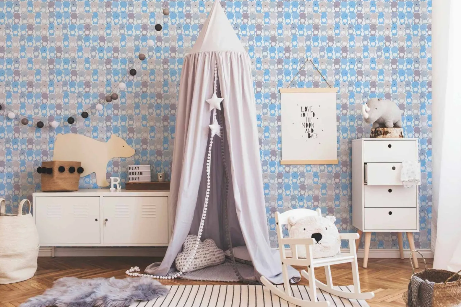 Vliestapete Kinder Teddys blau grau weiß 38129-1