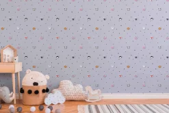 Vliestapete Kinder Tiere Sterne Blasen grau rosa 38143-1