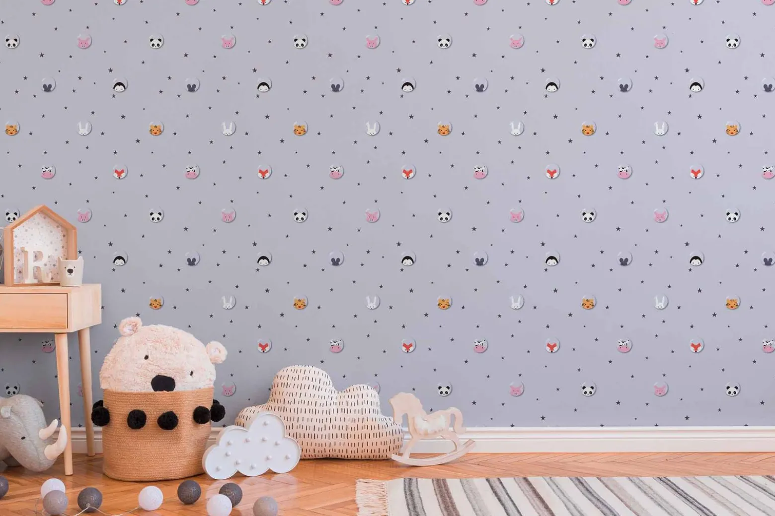 Vliestapete Kinder Tiere Sterne Blasen grau rosa 38143-1