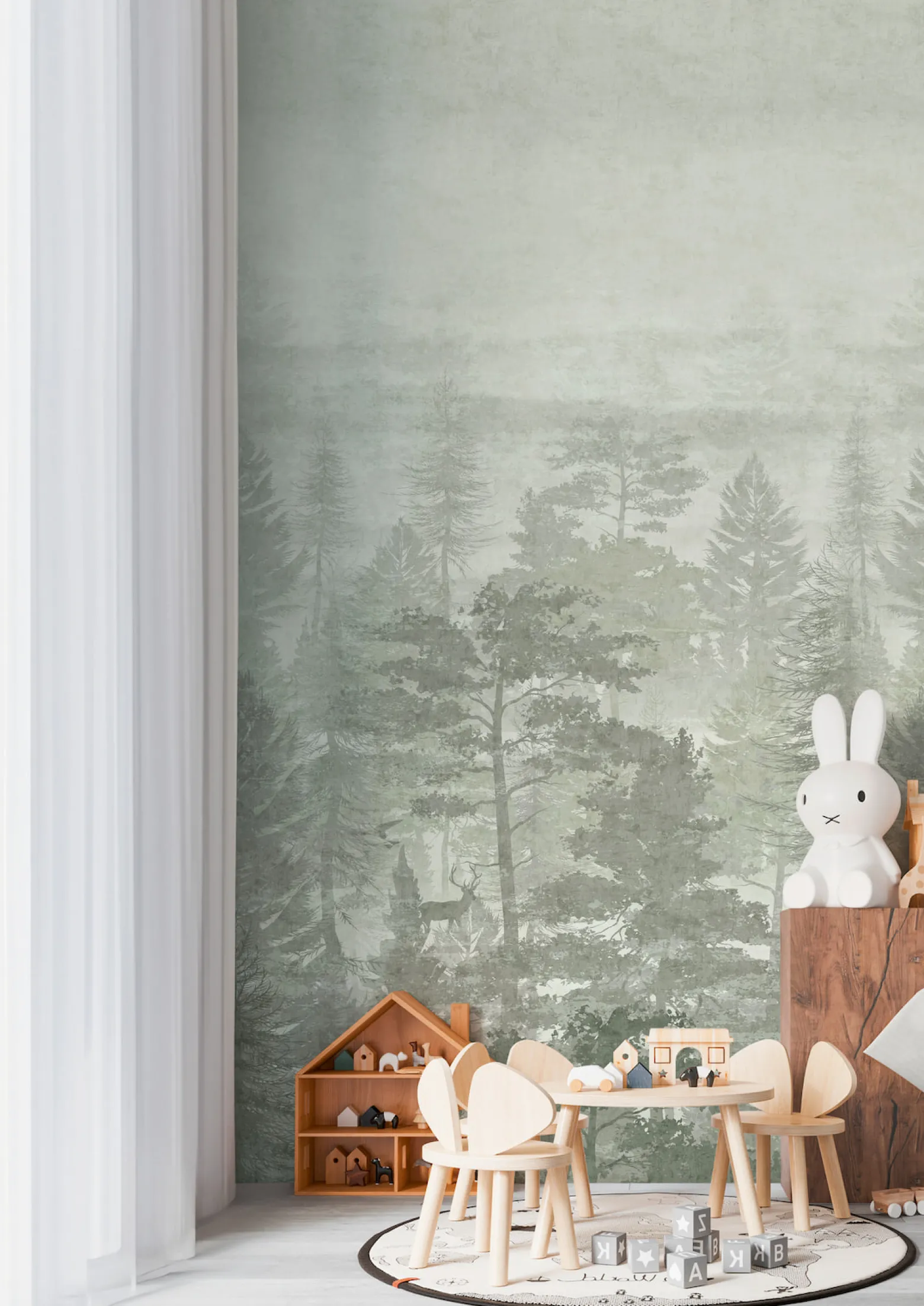 Vliestapete Kinder Wald Nebel Grün Grau 77069-1