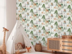 Vliestapete Kinder Wald Tiere Bäume Creme Grün 77172-1