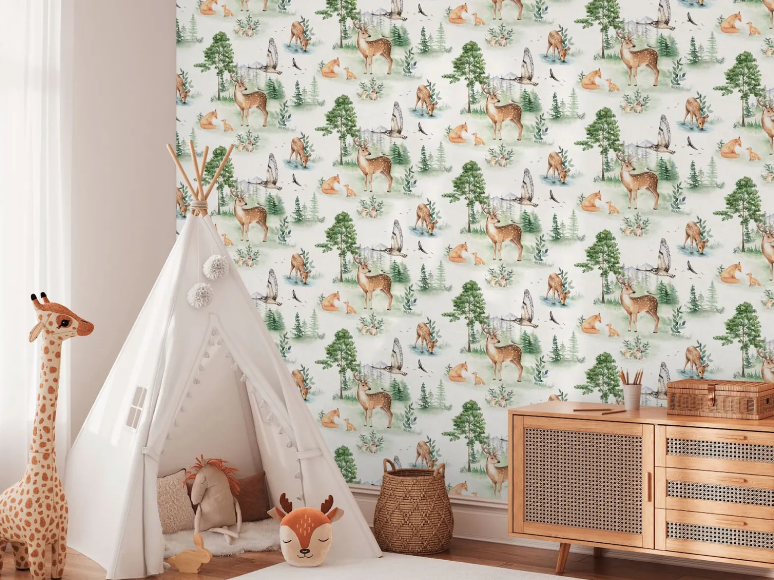 Vliestapete Kinder Wald Tiere Bäume Creme Grün 77172-1