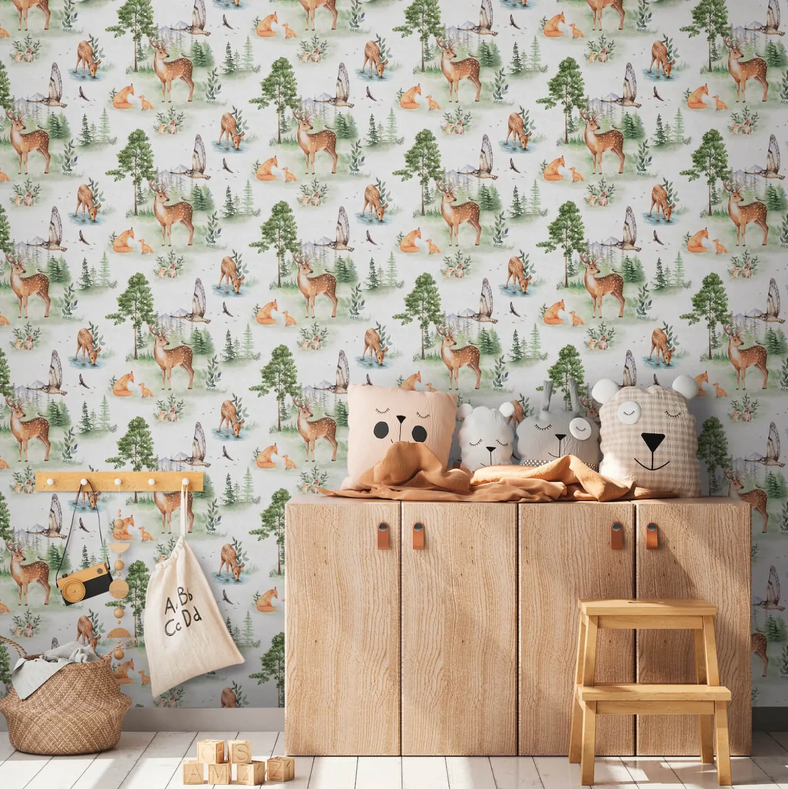 Vliestapete Kinder Wald Tiere Bäume Creme Grün 77172-1