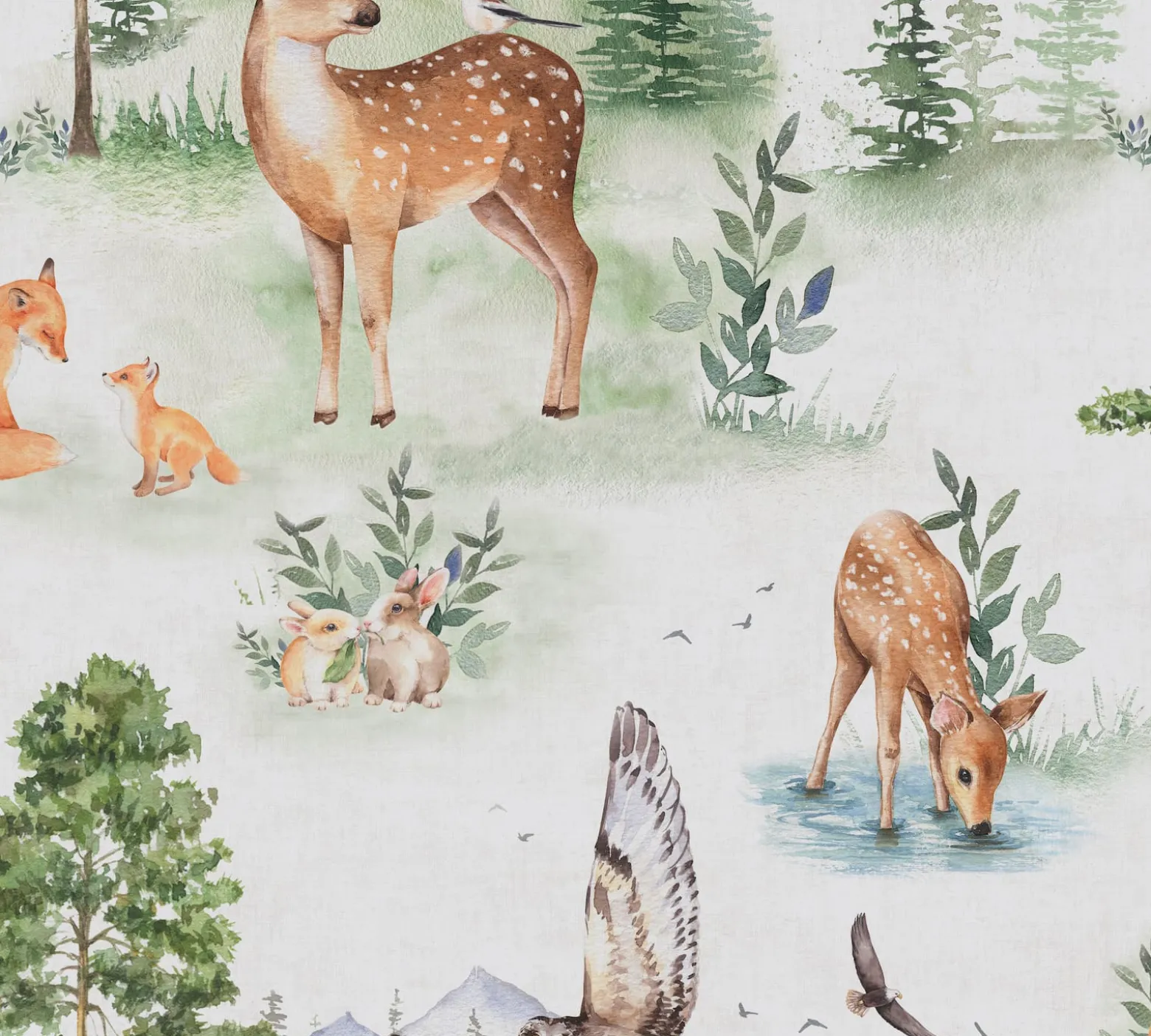 Vliestapete Kinder Wald Tiere Bäume Creme Grün 77172-1