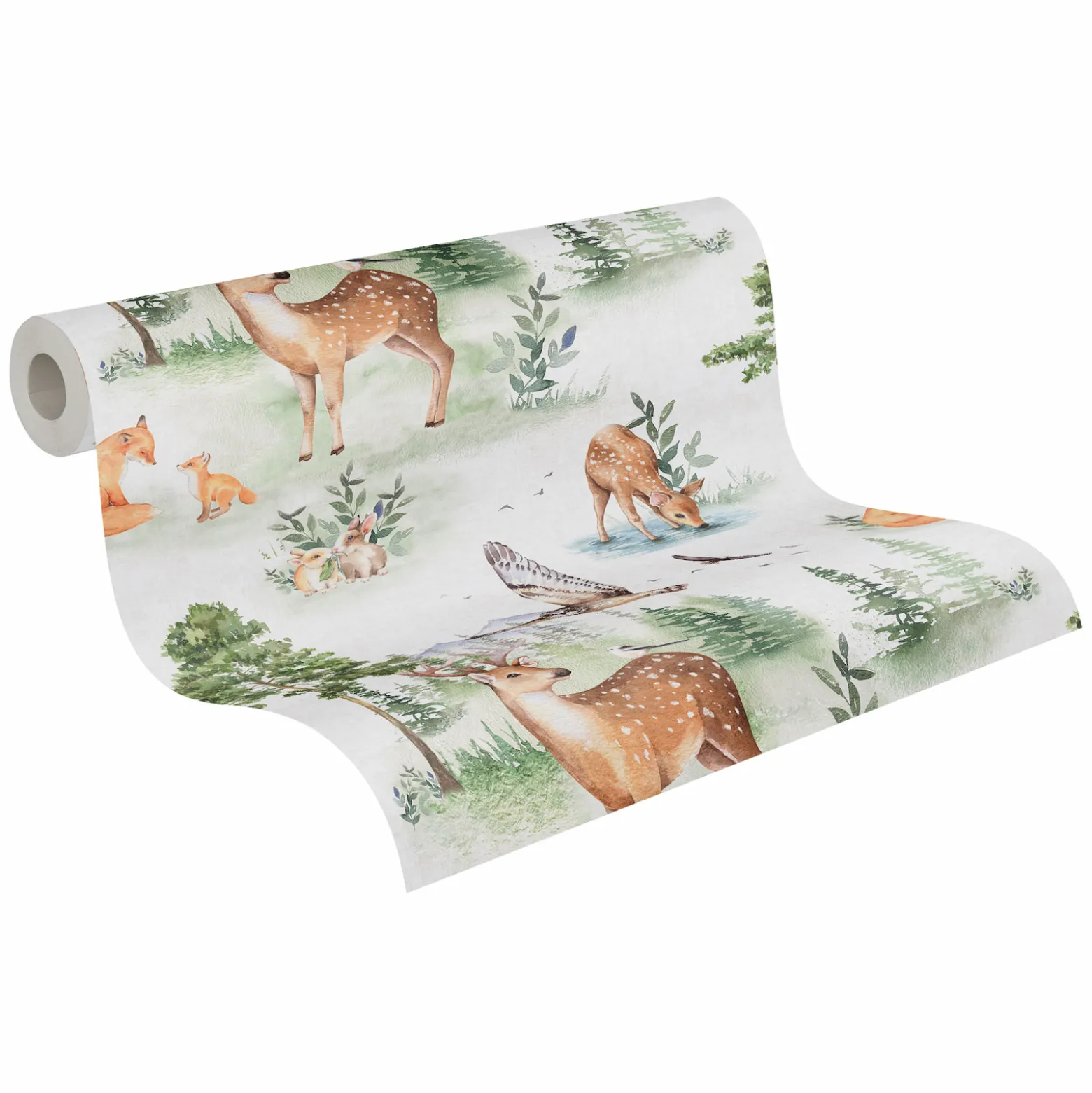 Vliestapete Kinder Wald Tiere Bäume Creme Grün 77172-1