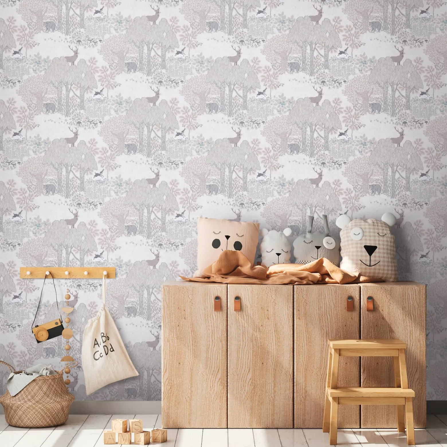 Vliestapete Kinder Wald Tiere Pflanzen Creme Grau 77133-2