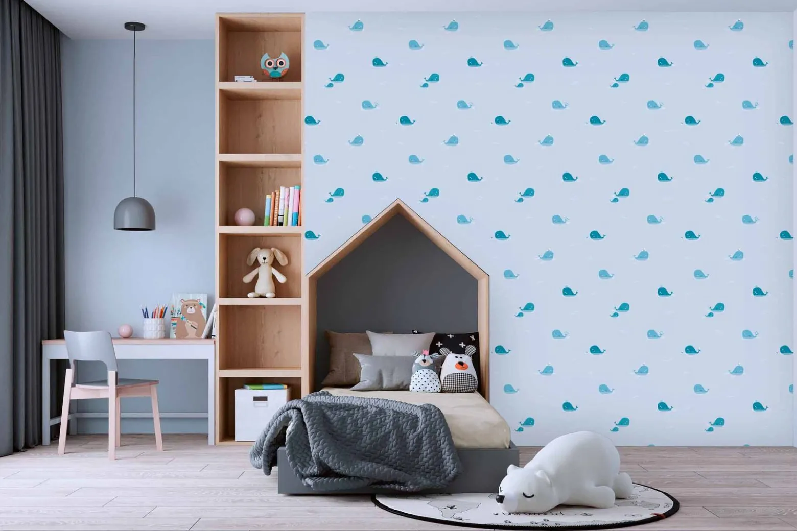 Vliestapete Kinder Wasser Wal blau grau 38144-1